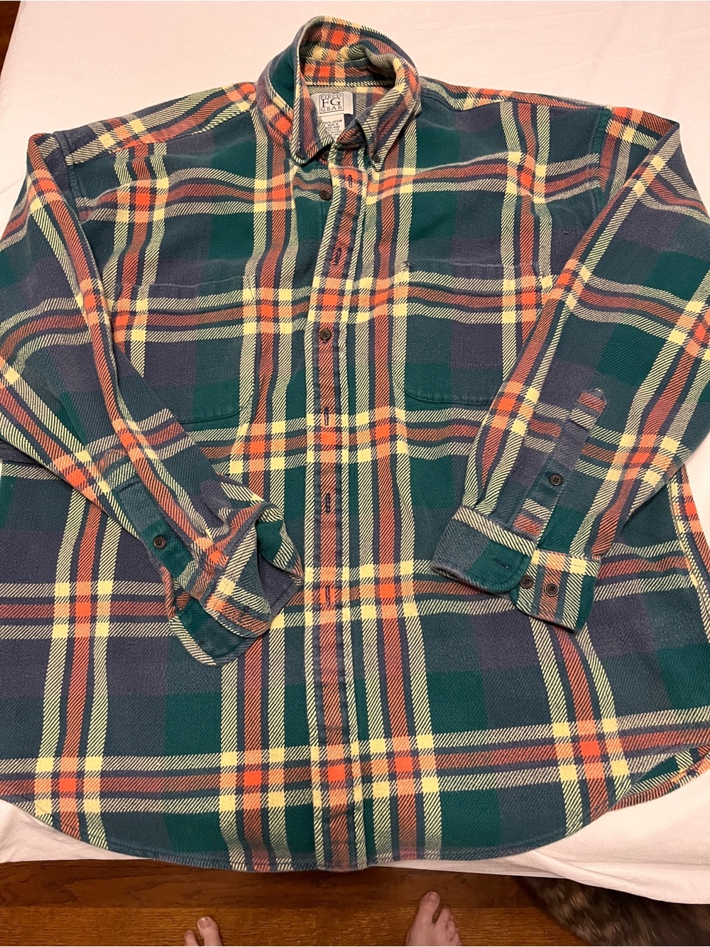 Vintage 90s Field Gear Heavyweight Flannel Shirt Green Navy Orange Yellow Plaid